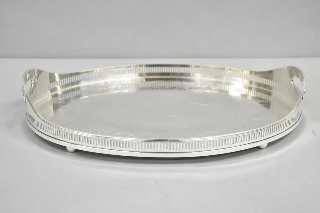 Antique English Sheffield Edwardian Silver Plated Oval Bar Tray With Gallery - 2
