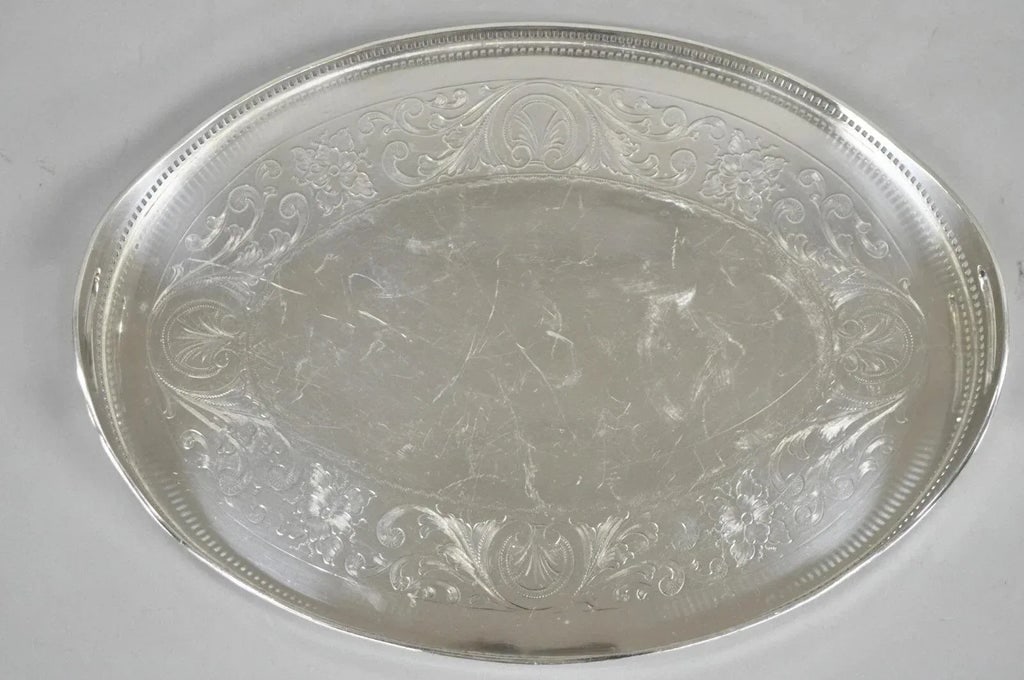 Antique English Sheffield Edwardian Silver Plated Oval Bar Tray With Gallery - 3