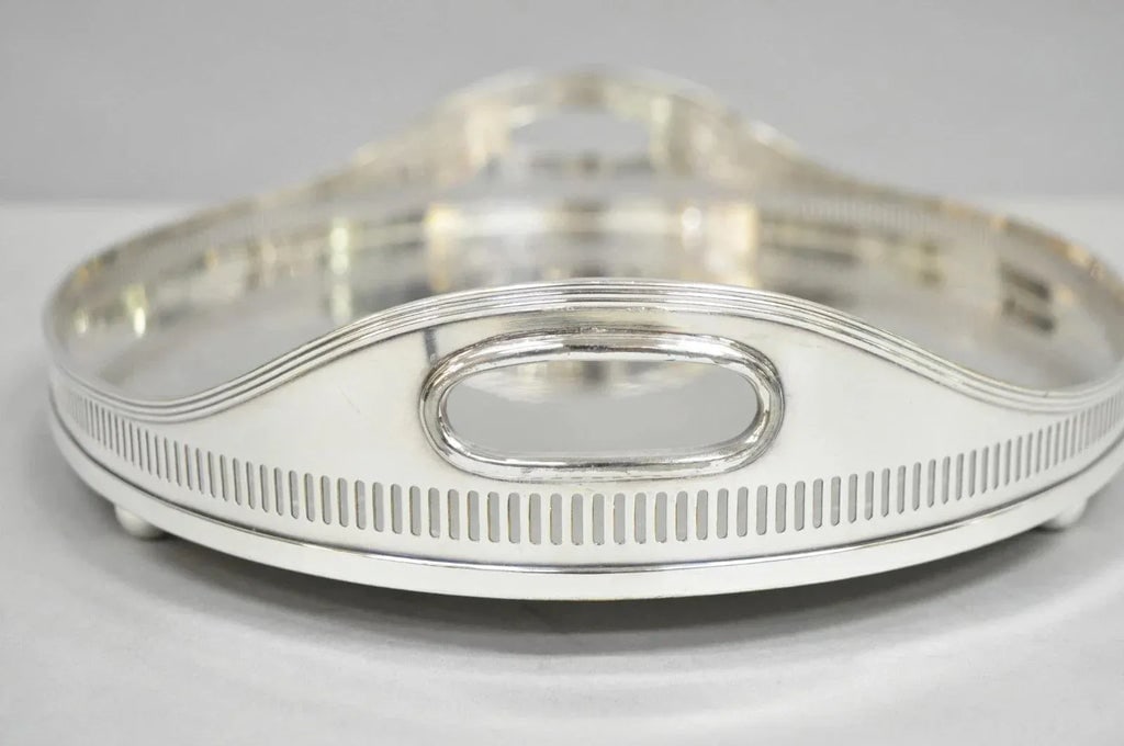Antique English Sheffield Edwardian Silver Plated Oval Bar Tray With Gallery - 7