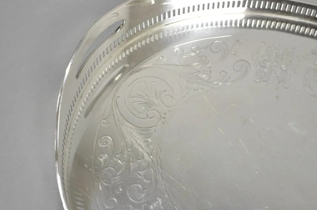 Antique English Sheffield Edwardian Silver Plated Oval Bar Tray With Gallery - 8
