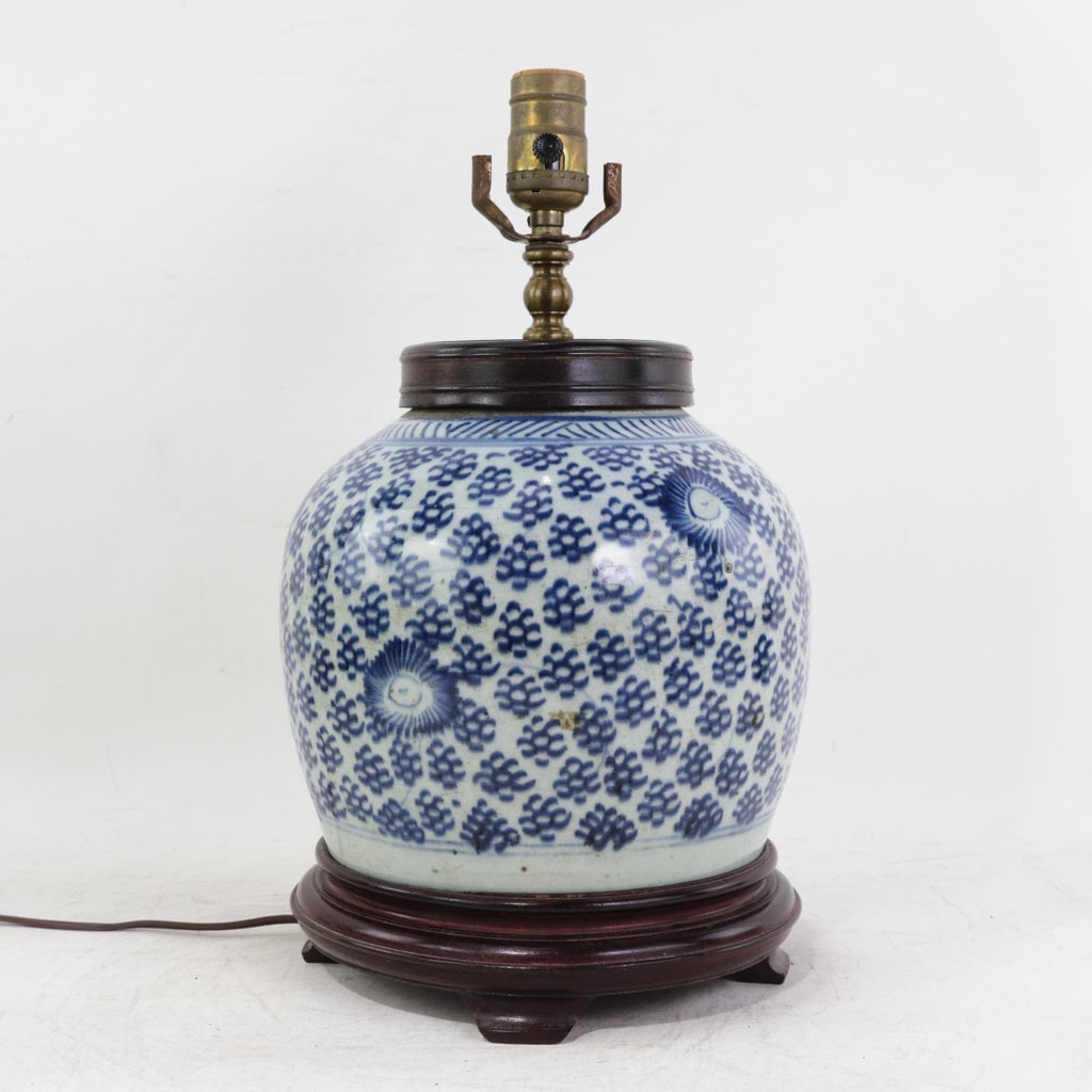Antique Blue and White Porcelain Ginger Jar Table Lamp With Cobalt Floral and Medallion Motif - 14