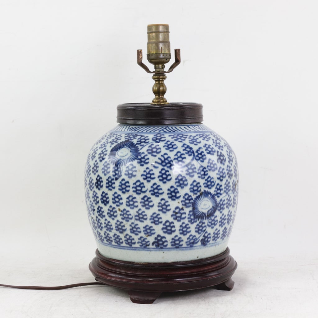Antique Blue and White Porcelain Ginger Jar Table Lamp With Cobalt Floral and Medallion Motif - 4