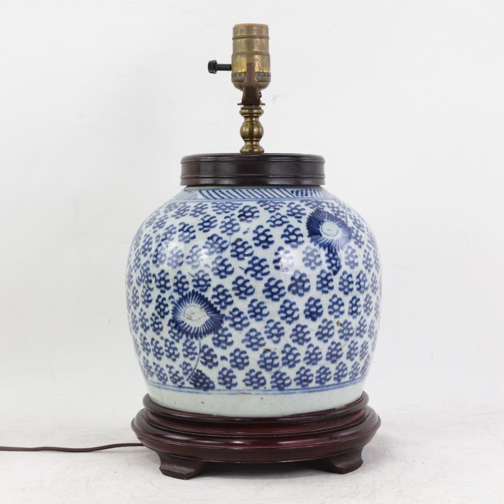 Antique Blue and White Porcelain Ginger Jar Table Lamp With Cobalt Floral and Medallion Motif - 5