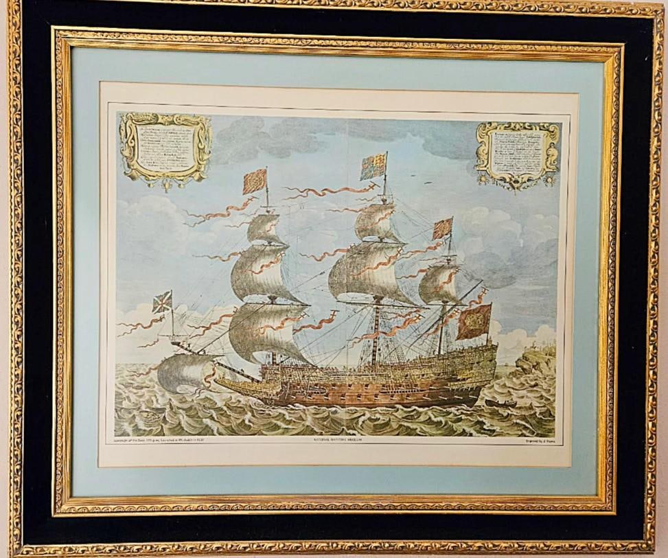 1980s British Maritime Museum Framed 17th Century Sovereign of the Seas War Ship John Payne 1637 Rep - 10