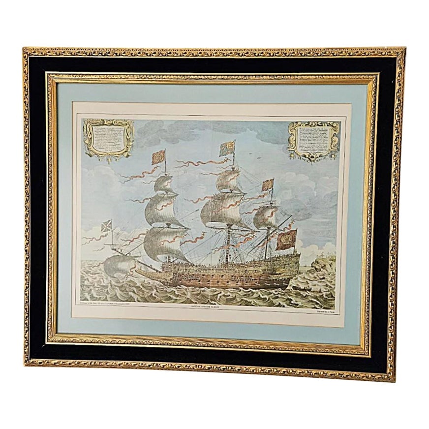 1980s British Maritime Museum Framed 17th Century Sovereign of the Seas War Ship John Payne 1637 Rep: This marvelous framed print of the Sovereign of the Seas, British Naval Warship as it appeared in 1637 was printed in the 1980s and has 100 year color guarantee. It was titled "Sovereign of the Seas, 