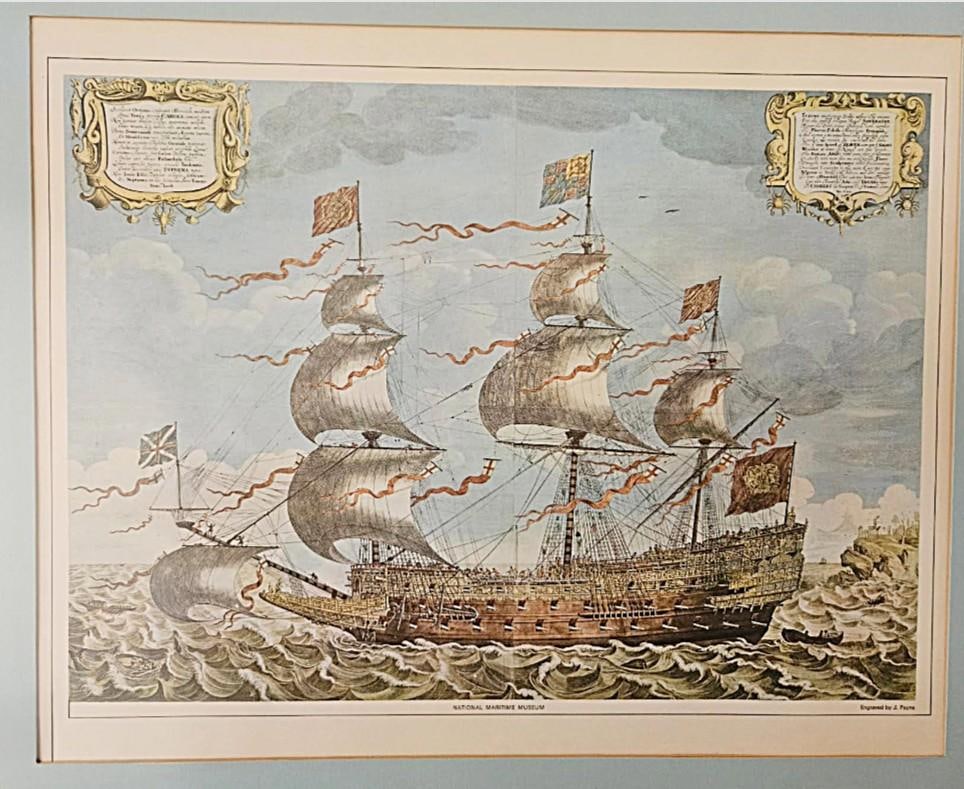 1980s British Maritime Museum Framed 17th Century Sovereign of the Seas War Ship John Payne 1637 Rep - 3