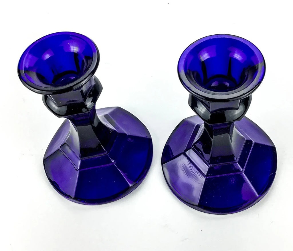 Cobalt Blue Glass Table Top Candle Holders - a Pair - 2
