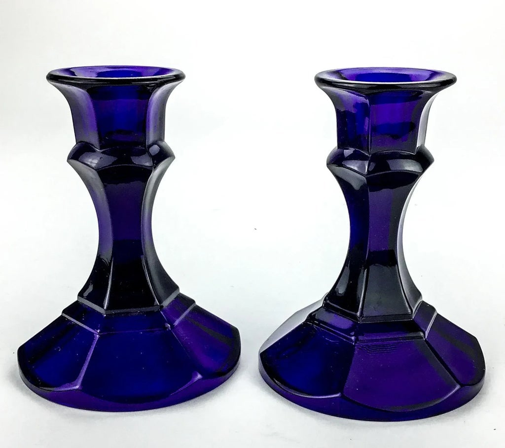 Cobalt Blue Glass Table Top Candle Holders - a Pair - 9