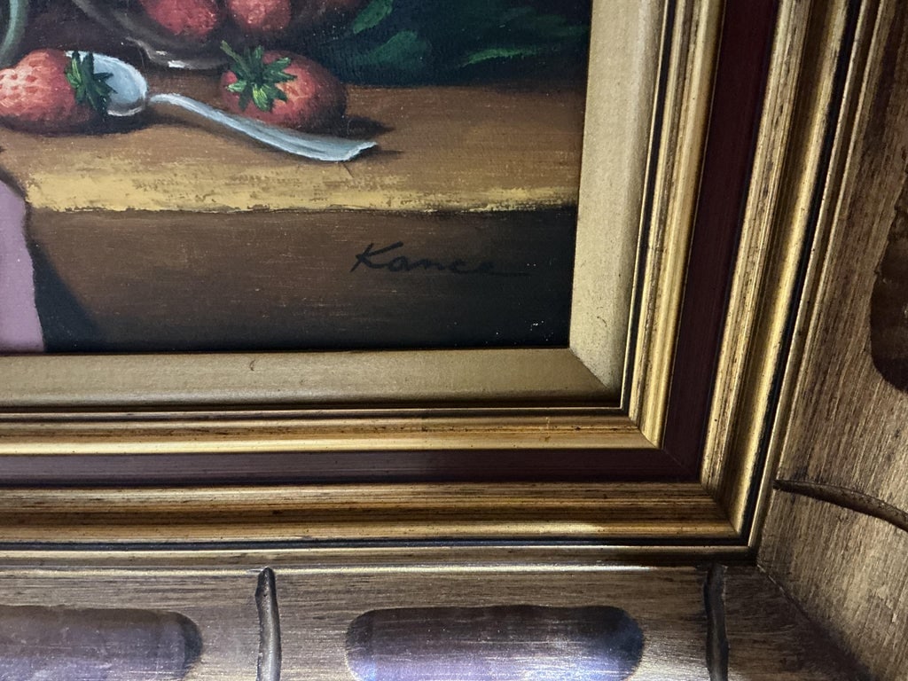 Pair of Mid-Century Still Life Oil Paintings Signed Kance in Carved Gilt Wooden Frames - 10
