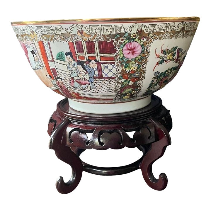 Vintage Large Famille Rose 12" Chinoiserie Bowl With Stand: Stunning famille rose Asian bowl, heavy in feel, a crisp white with colors of gold, burnt orange, kelly green, rosy pink and baby blue, it is larger in size making a statement. Scenes of court life