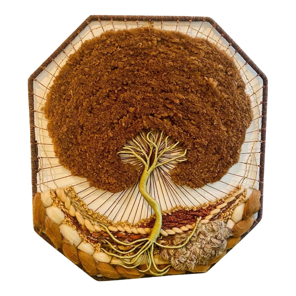 1970s Boho Tree of Life Woven Fiber Art: This wonderful vintage fiber art work is from the 60s- 70s with a tree of life design that gives a 3D effect. The time that was put into this art is easily seen. Each little coil of brown and ivory wo