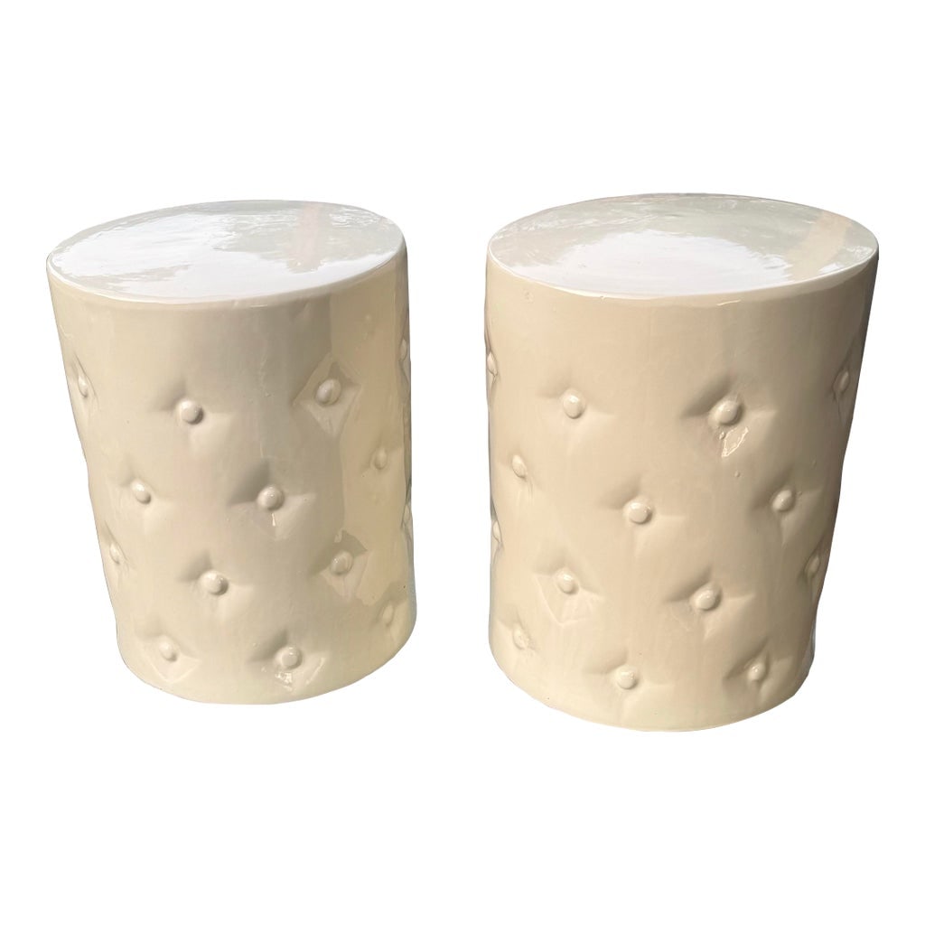 Vintage Pair of Tufted Ceramic Garden Stools: Ceramic garden stools or side tables in the shape of tufted upholstery. Condition: Alterations: Original Condition Unaltered Imperfections: Some Imperfections Condition Notes: Very good condition, no 