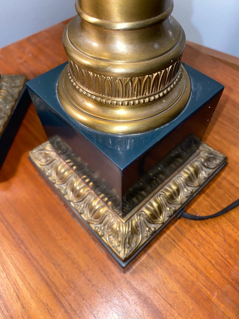 Pair of 1940s Obelisk Neoclassical Torchiere Lamps Marble Brass - 6