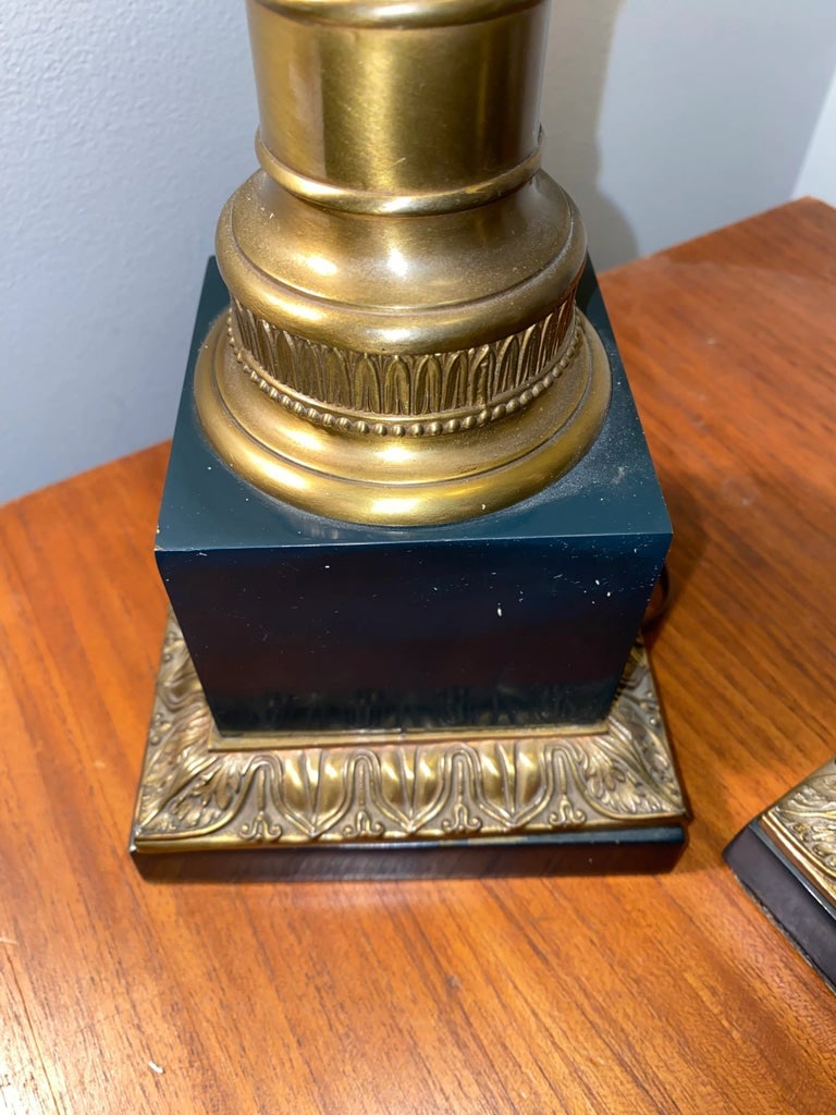 Pair of 1940s Obelisk Neoclassical Torchiere Lamps Marble Brass - 9
