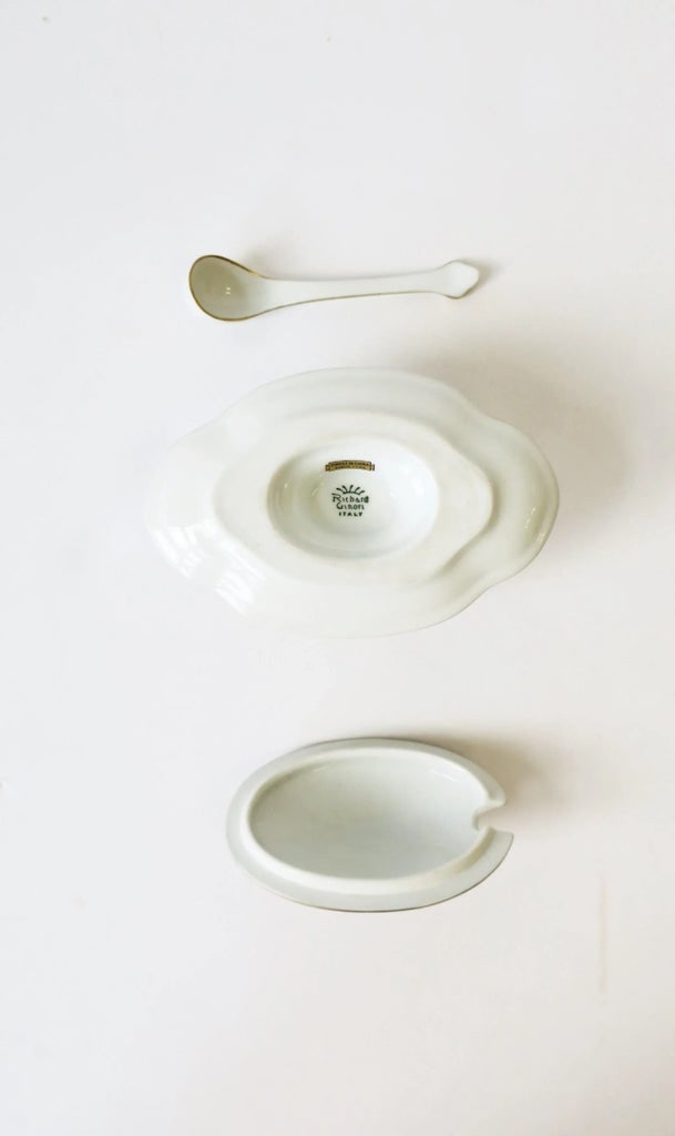 Vintage Richard Ginori Italian White and Gold Porcelain Condiment Dish & Spoon Set - 12