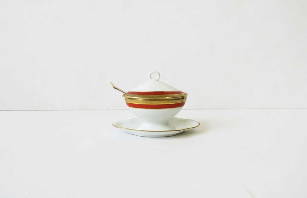 Vintage Richard Ginori Italian White and Gold Porcelain Condiment Dish & Spoon Set - 5