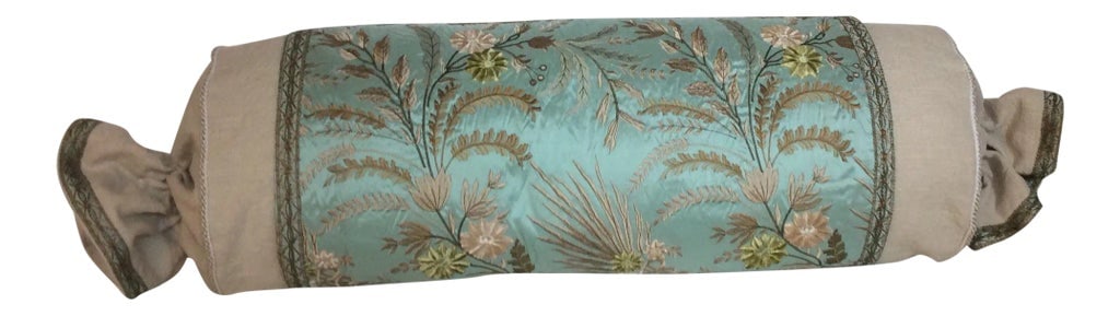 French Vervain Bolster Pillow With 90/10 Down Insert: Favorite! Bolster of washed french linen. Vervain embroidered silk button wrap. French ribbon trim and Schumacher cording. All designer natural fabrics. Condition: Imperfections: No Imperfections