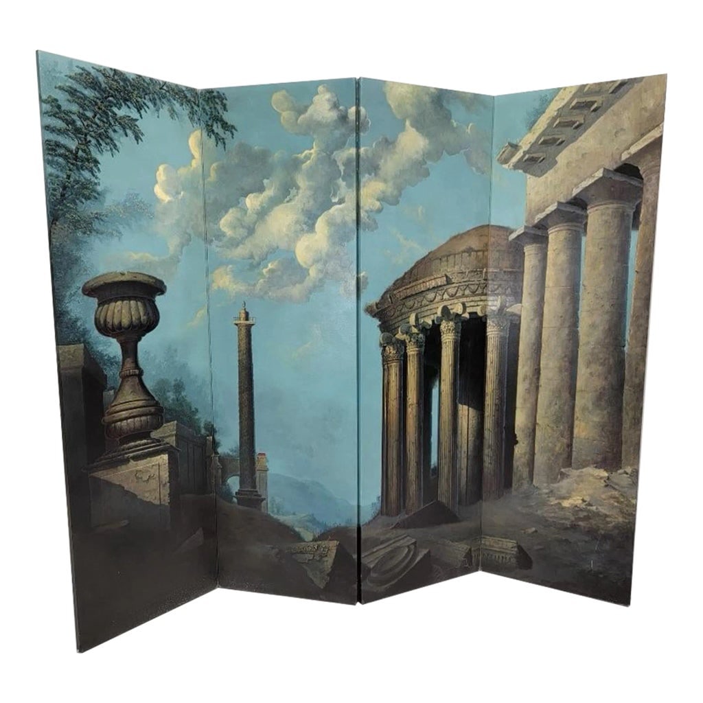 Vintage Italian Hand Painted Screen Styled After Maitland-Smith: Vintage Italian Hand Painted Screen Styled After Maitland Smith The ruins of Roman buildings overlook wooded hills. Expressive clouds float in the pale blue sky. This pensive scene is painted on a
