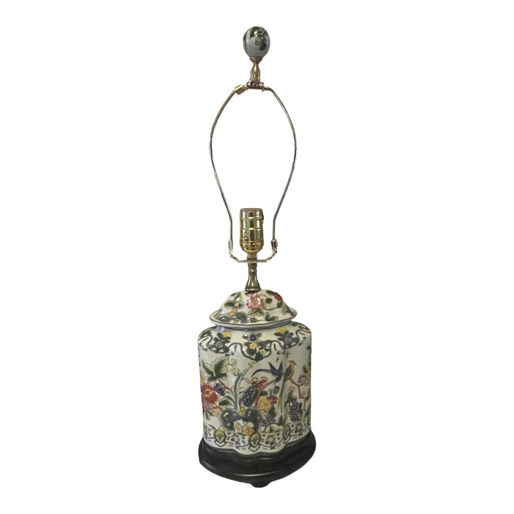 Chinese Porcelain Floral Scalloped Tea Jar Table Lamp: Beautiful porcelain tea jar lamp with birds & flowers on a wood base. Matching Porcelain finial included. No shade and in good working condition- 24" tall to the top of finial. Colors are green, yello