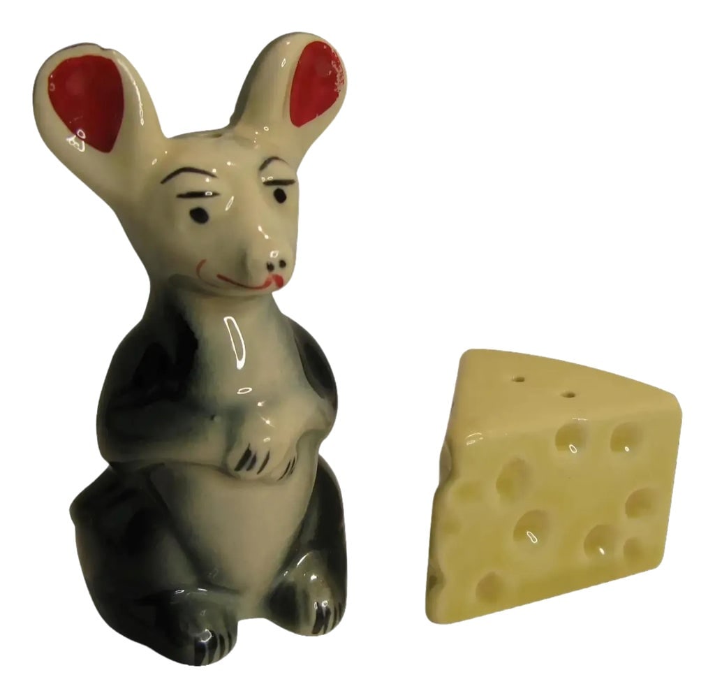 1940's Mouse and His Cheese Salt & Pepper Shakers Anthropomorphic: Love this very creative and anthropomorphic depiction of a mouse and his cheese salt and pepper shakers. I believe they date to the 1940's. Condition is excellent, no chips, cracks or signs of