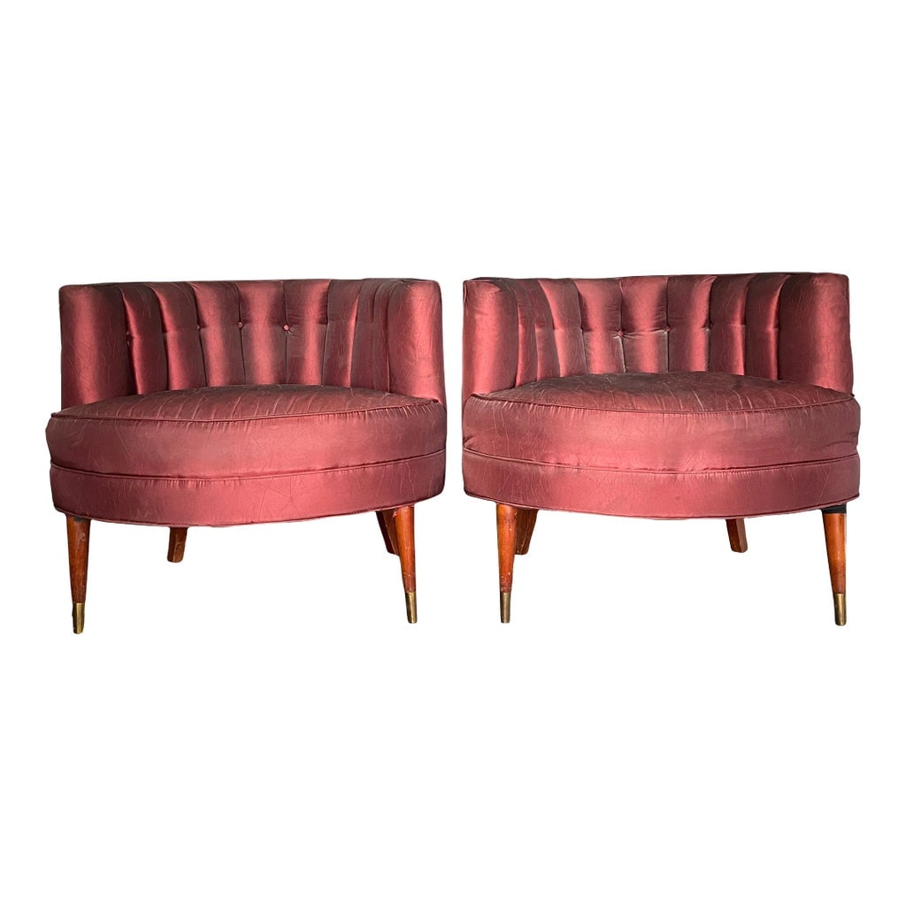 1950s Channel Back Hollywood Regency Cocktail Chairs - a Pair: These 1950's cocktail chairs have a fabulous profile! Channel back with a flat top for the arm rest. Tapered wood legs on the front, solid curved legs on the back. The front legs have a brass sabot