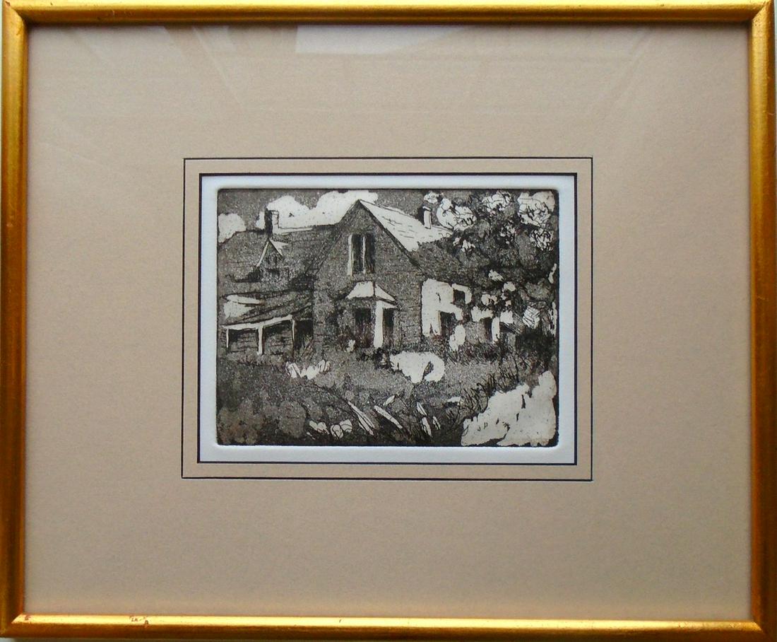 Prince Edward Island Farmhouse: "Island Farmhouse" by Thérèse D'Amour. Image size: 4 1/2” x 6” (11.4 x 15.2 cm). Etching. Unsigned. Matted and framed under glass. From the Archive of Thérèse D'Amour. Gallery 18 can arrange p