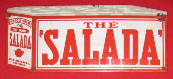079: Salada Thé (Tea) French Canadian Porcelain Sign: Lot 79.) Salada Thé (Tea) French Canadian Porcelain Advertising Sign. Date: Unknown. Size: 12 ½” x 6 ¼” (31.7 x 15.8 cm). Description: Red, white and gray porcelain with minor chipping. From th