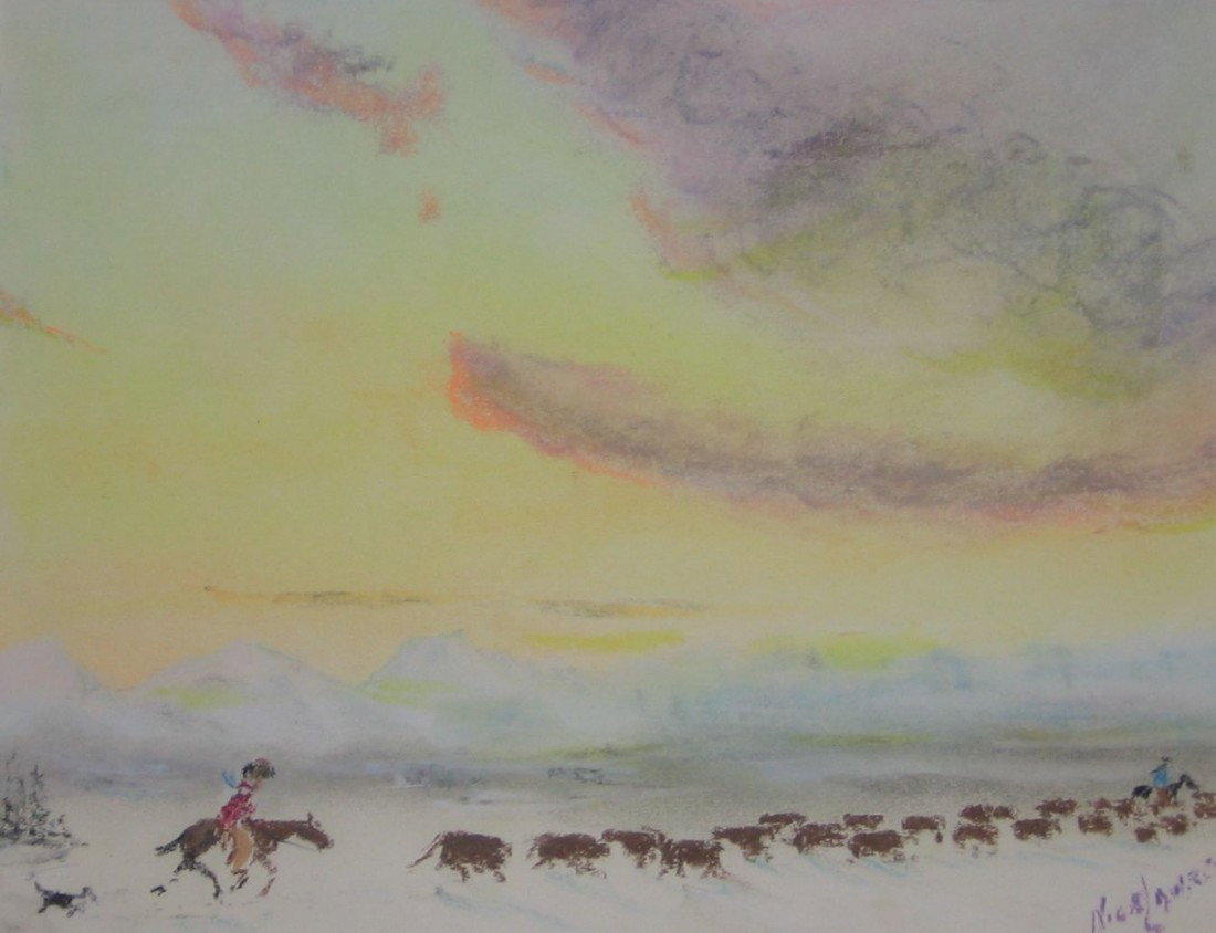 Nigel Lawrence (Canadian), Alberta Round-up, Pastel: Title: Alberta Round-up. Artist: Nigel Lawrence (Canadian). Date: Undated. Image Size: 10 ½” x 13 ½” (26.6 x 34.2 cm). Description: Pastel. Framed and matted under glass.