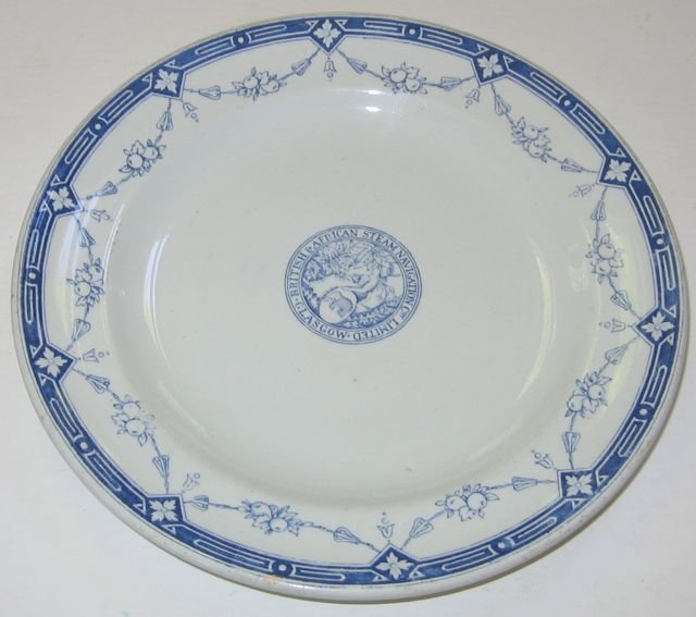 “British & African Steam Navigation Co.” Plate: Produced by Minton. Measures 9 1/4” in diameter (23.5 cm). Estate of David Webber, historian and artist, Charlottetown, PEI.