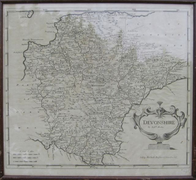 Antique Map Devonshire Robert Morden c1695: Antique map from Camden's Britannia engraved by Robert Morden (English, c1650-1703). Map measures 14 1/8” tall, 16 3/8” wide (35.9 x 41.6 cm) to outer neat line. Framed under glass.