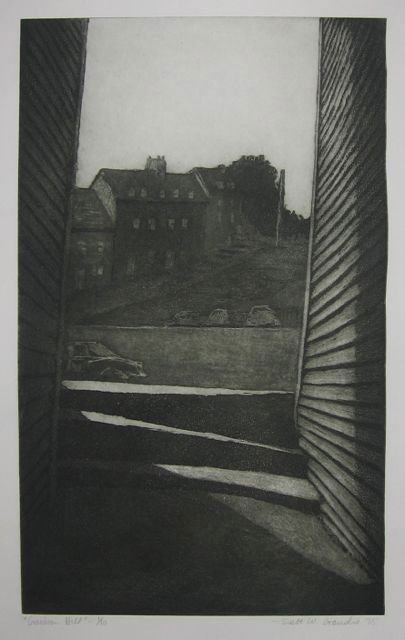 Scott Goudie, “Garrison Hill,” Etching, 1978: Scott W. Goudie (Canadian, b. 1955). #1 of 10 impressions. Image measures 23 5/8” tall, 14 1/2” wide (60.0 x 36.8 cm). Estate of David Webber, historian and artist, Charlottetown, PEI.