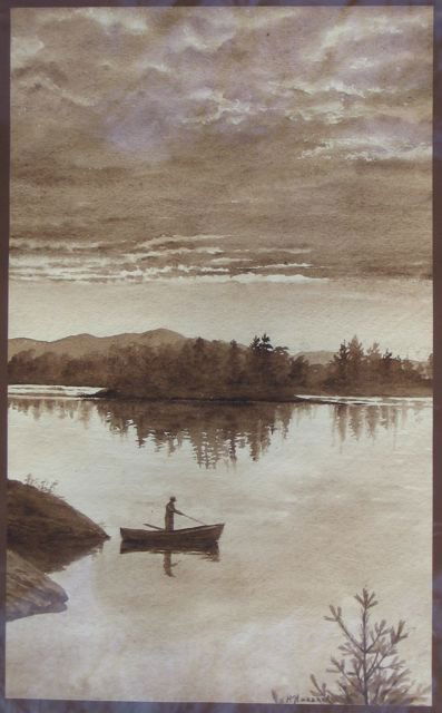 Helen Haszard "Solitary Fisher" Watercolor: Helen Haszard (Canadian, 1890-1970). Image measures 11” tall, 6 3/4” wide (27.9 x 17.1 cm). Framed under glass. Estate of Cynthia Foley, Weathervane Antiques, Wheatley River, PEI.