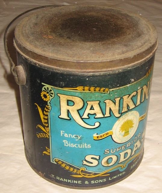 Rankine's Sodas Painted Tin Pail: Rankine’s Superior Sodas Painted Tin Pail from New Brunswick, Canada. Measures 7” tall, by 6 1/2” in diameter (17.8 x 16.5 cm). From the collection of Pat and Connie Kent, operators of the Grana