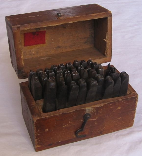 English Metal Stamping Kit c1890: Wilson, Hawksworth, Ellison & Co. Metal Stamping Kit, c1890. Wilson, Hawksworth, Ellison was based in Sheffield, England. It operated throughout the last half of the 19th century. Kit includes 58 stam