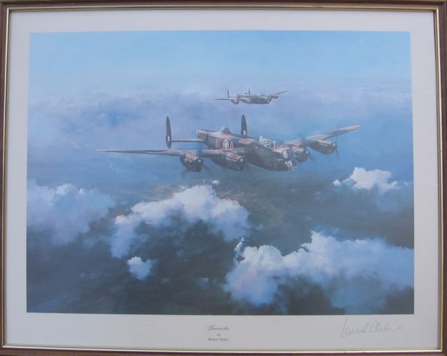 WWII Lancaster 1st Edition Print Signed: [After] Robert Taylor (English, XX), “Lancaster,” Lithograph. First edition print signed by Group Captain Leonard Cheshire, VC, DSO, DFC. Image measures 13 1/2” tall, by 18 1/2” wide (34.3 x 4