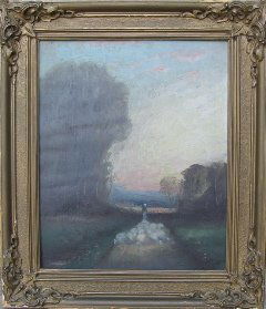 John Hammond Canadian Oil Painting: John Hammond (Canadian, 1843-1939), Oil on Board, “Flock at Sunset.” Measures 12” tall, by 10” wide. Signed by artist at bottom right. Framed.