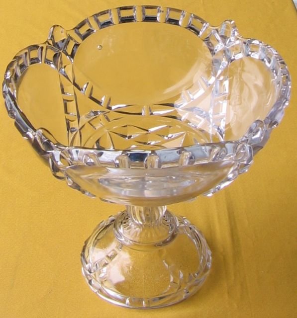 Nova Scotia Glass Large Open Compote Crown Pattern: Nova Scotia Glass, Large Open Compote, Scalloped Crown or Pillar Pattern. Measures 8 1/4” tall, by 9 1/2” in diameter (21.0 x 24.1 cm). Private collection of Pat and Connie Kent, operators of the 