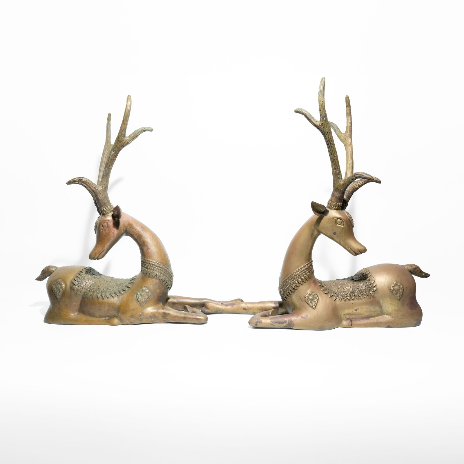 Pair of reclining deer figurines made of solid brass or gilded bronze Thailand, C.1950 (1 of 4)