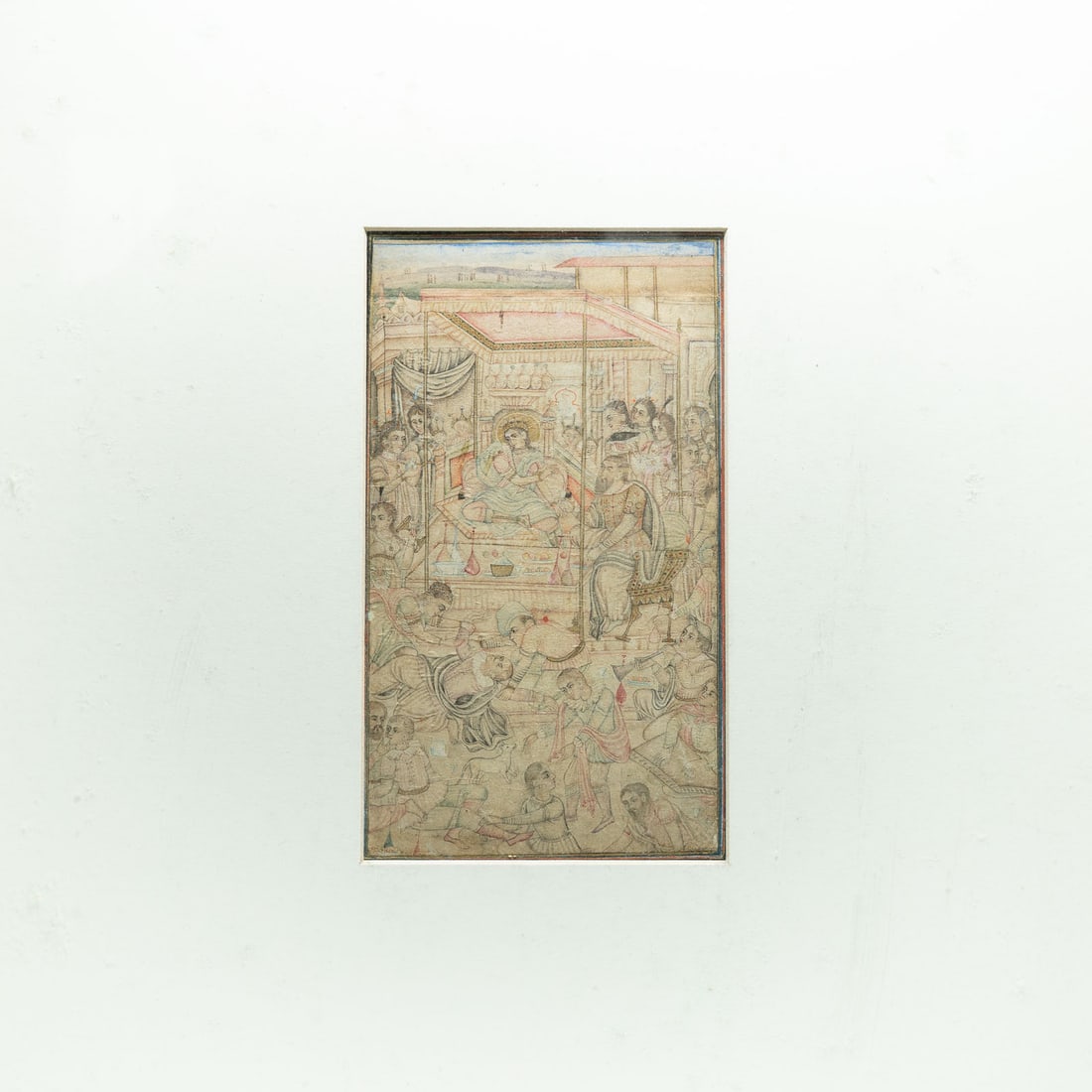 A miniature Drawing and Color on paper " Nim Qalam", Mughal Empire Mughal, India, circa 1600-1620: Depicting a scene with European figures adapted to a Mughal palace scene, in the reigns of Akbar (1556-1605) and Jahangir (1605-1627)some of the imperial painters were engaged in a process of assimila