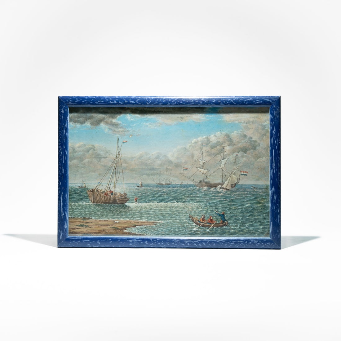 Hand-colored engraving of a Dutch maritime painting on wooden panel 17th/18th Century: The style is highly characteristic of the Dutch Golden Age masters, such as Willem van de Velde the Younger or Ludolf Bakhuizen, who were renowned for their detailed depictions of ships in calm waters
