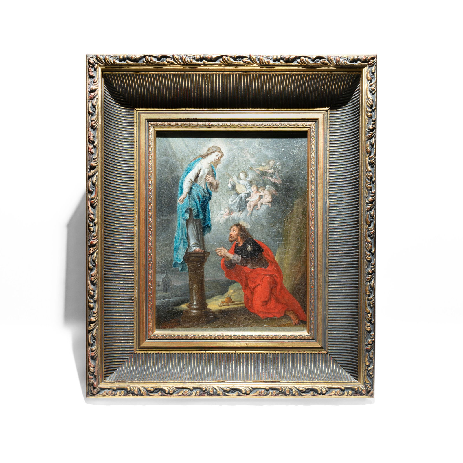 The Apparition of Our Lady of the Pilar to Saint James(Santiago, oil on canvas 17th/18th century: Inscription on the back of the wooden structure "Van Balen" and another not identified inscription The painting depicts a powerful scene of faith, capturing the deep-rooted traditions of pilgrimage an