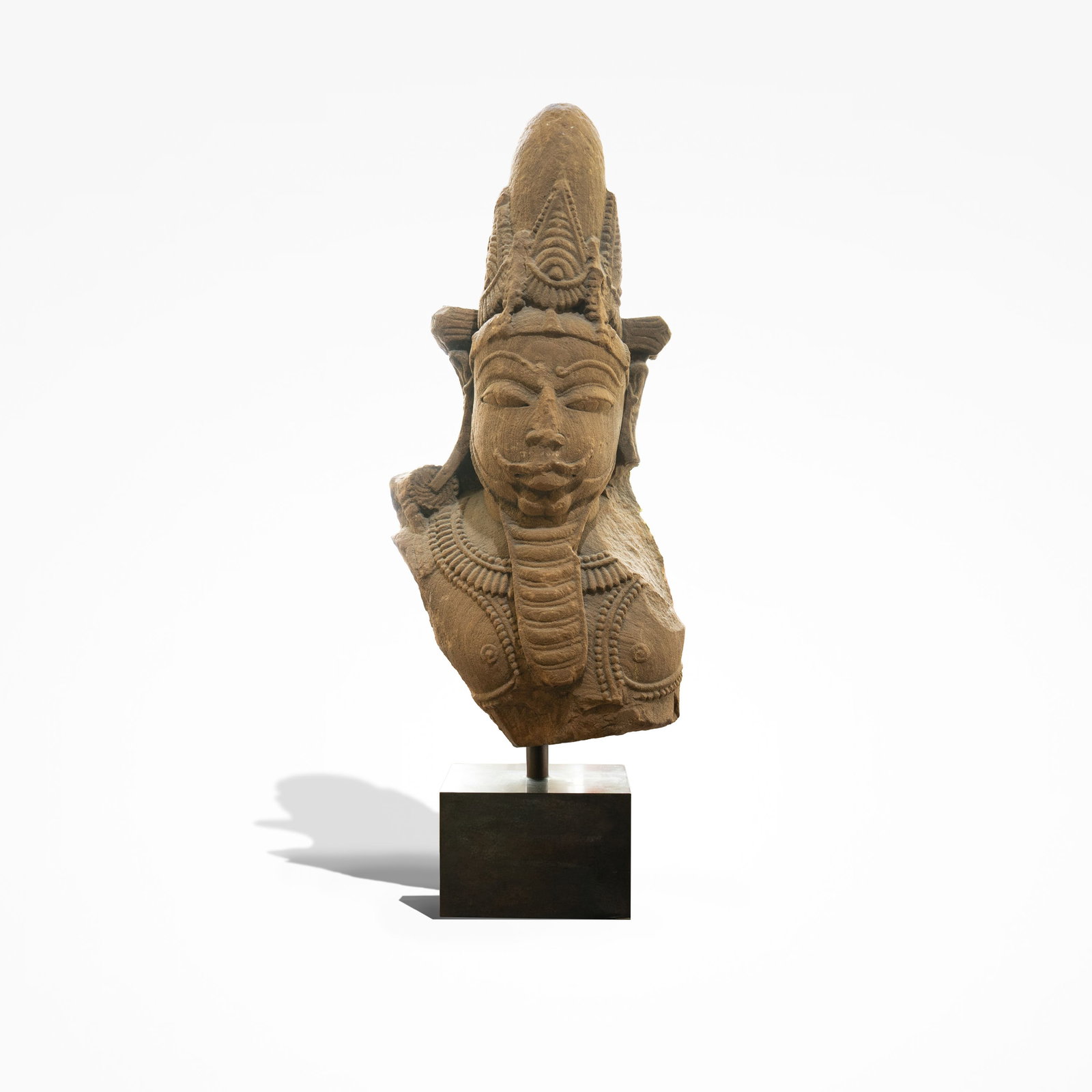 A head red sandstone sculpture of Vishnu Khmer, Angkorian Period (10th-13th Centuries) (1 of 3)