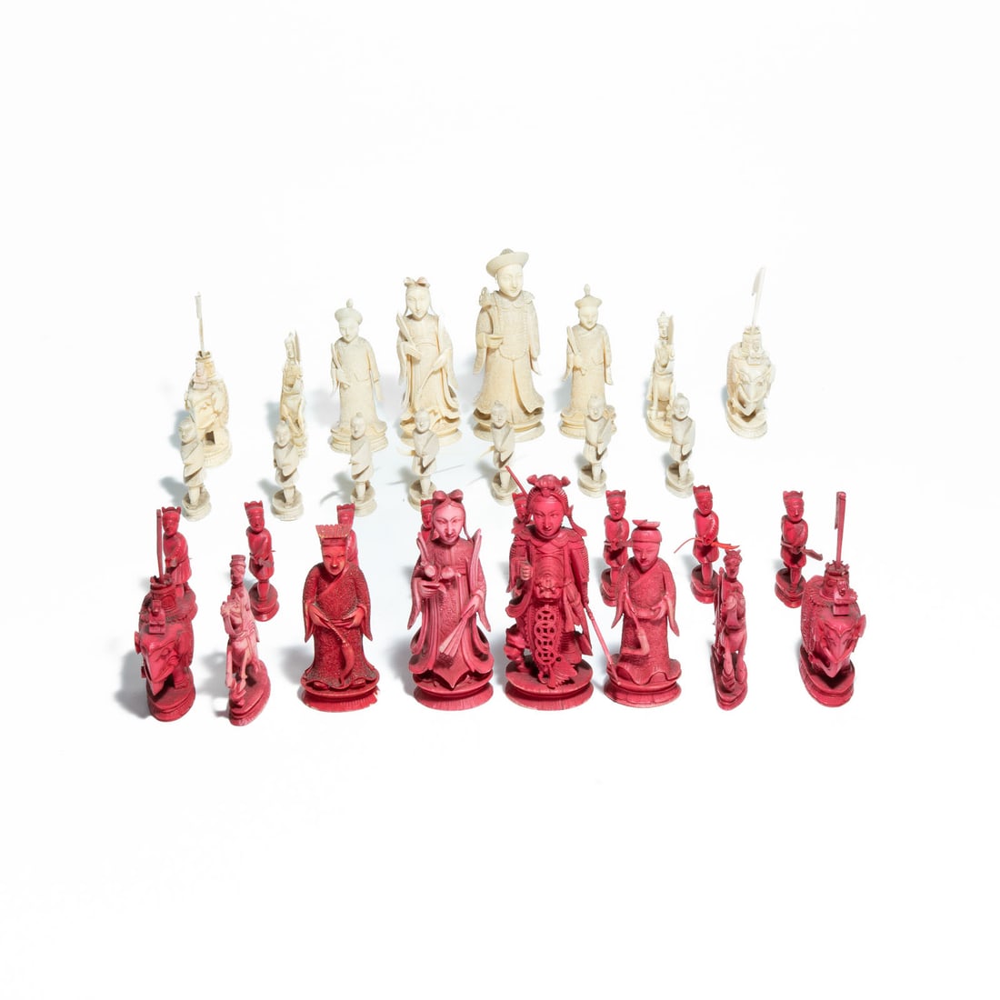 King George III vs. Chinese Emperor" export chess set: These were masterfully carved in Canton (Guangzhou), China, during the 19th century (typically between 1820 and 1880) specifically for the British and European markets. The set portrays a symbolic bat