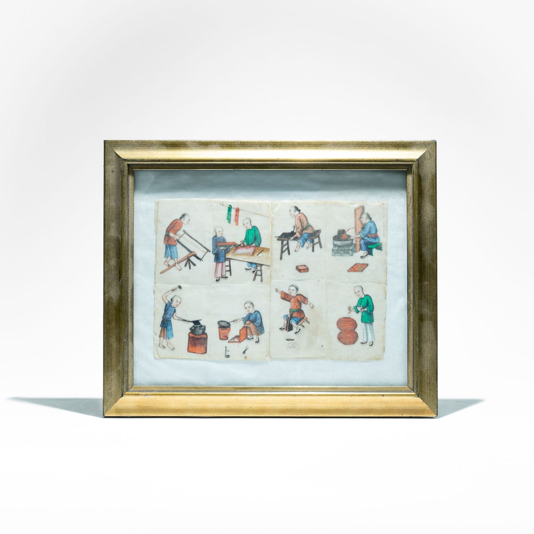 A Chinese pith painting, "Scenes of China" 19th Century: These scenes specifically depict the stages of textile or porcelain production, which were highly popular subjects for Western travelers who wanted to document Chinese industry and daily