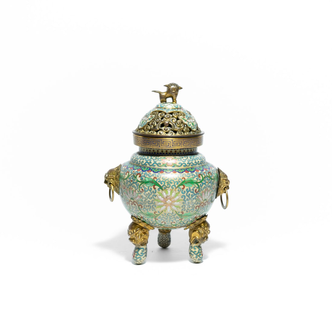 Chinese cloisonné tripod incense burner (or censer), made of gilded bronze and enameled copper. (1 of 6)