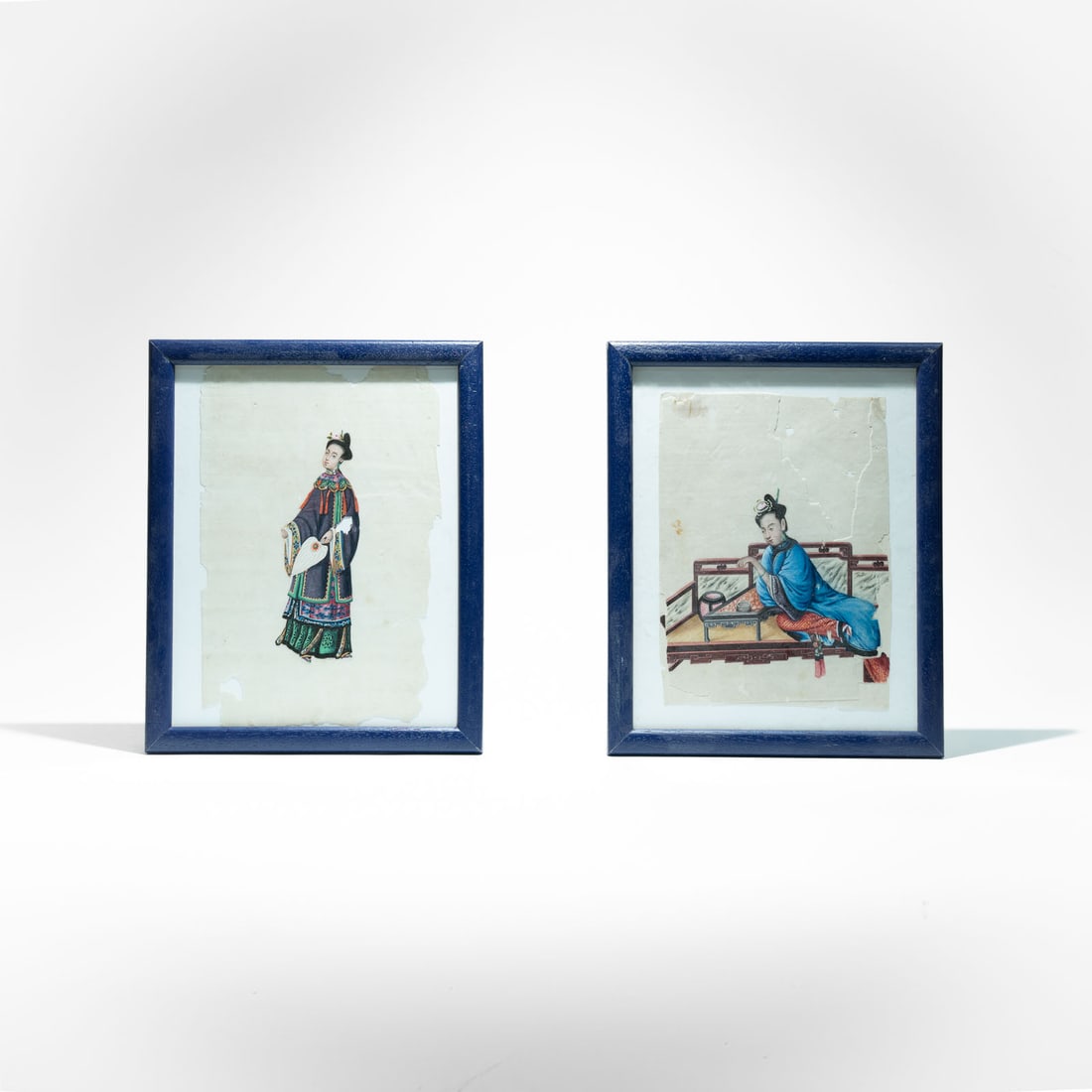 Pair of Chinese pith paper paintings, Luohan Chuang and Court Woman 19th Century: These are classic examples of "Export Art" from Canton, created as souvenirs for Western travelers. An elegant Chinese lady seated on a daybed or "luohan chuang". She is shown in a refined domestic in