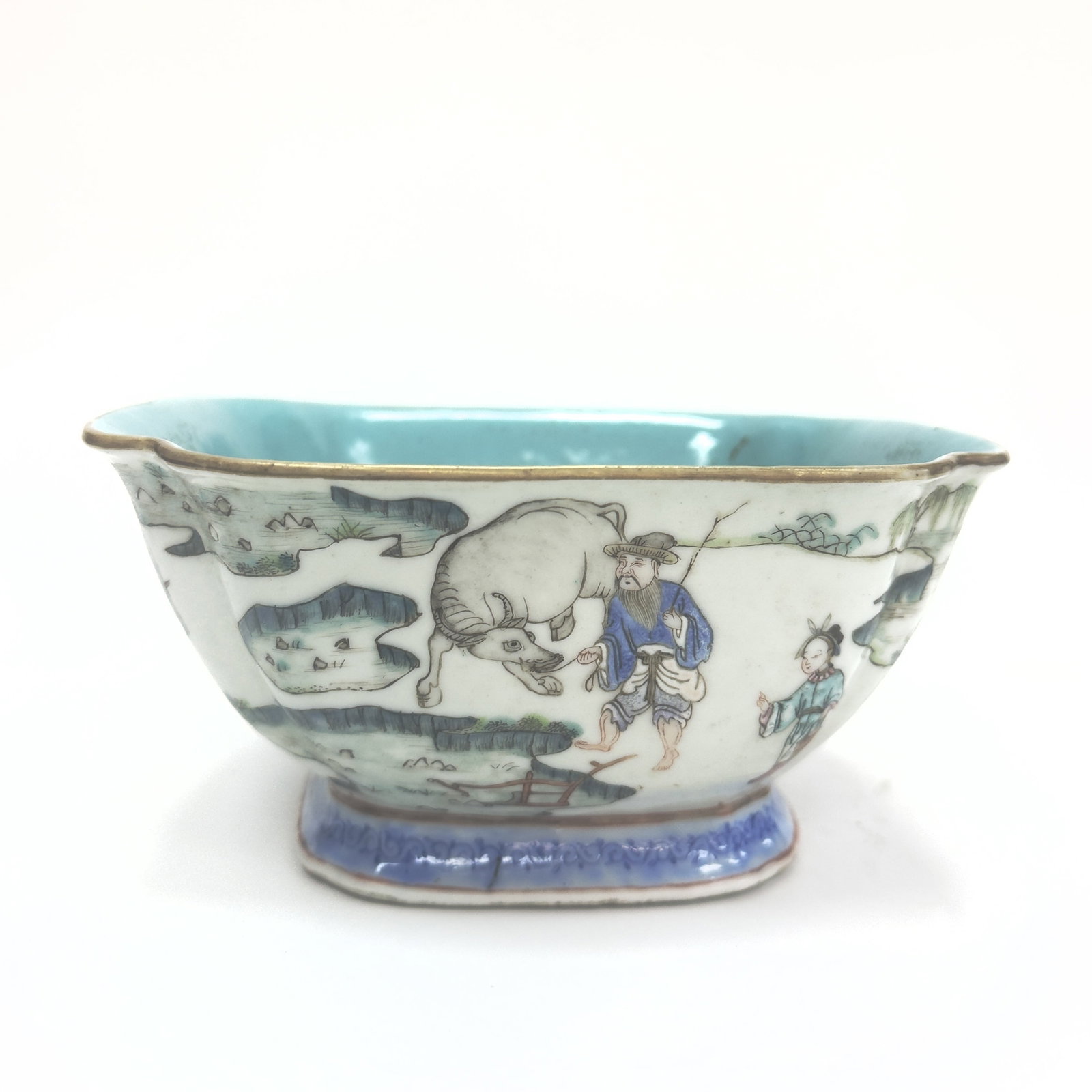 A Polychrome Enamelled 'Figural' QuadrilateralBowl China, Qing Dynasty, Xianfeng mark and period: This finely painted porcelain bowl is of flared quadrilateral form with indented corners, resting on a conforming foot ring. The exterior is divided into four main panels, each meticulously enamelled 