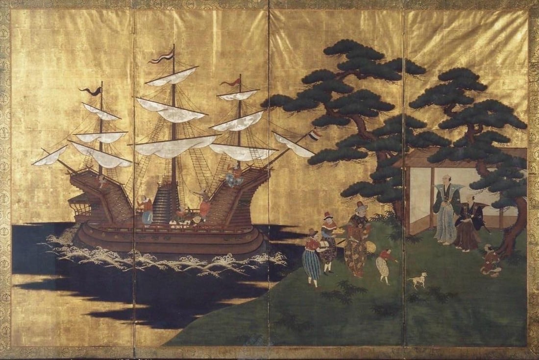 A Japanese Namban Screen depicting the arrival of foreigners in Japan beginning of 19th Century (1 of 1)
