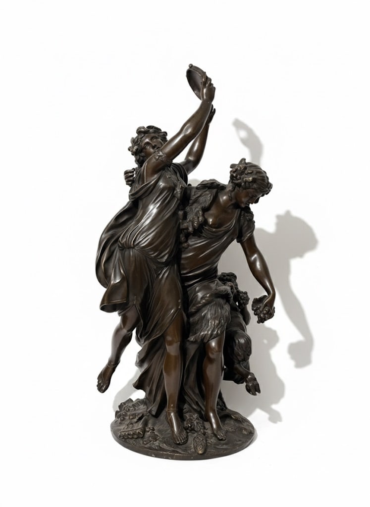 Cast and Patinated Bronze Group of Bacchic (Nymph and Satyr) After Claude Michel, called Clodion: Claude Michel, called Clodion (1738–1814) Claude Michel, universally known as Clodion, was a prominent French sculptor whose career spanned the late Rococo and Neoclassical periods. He is celebr