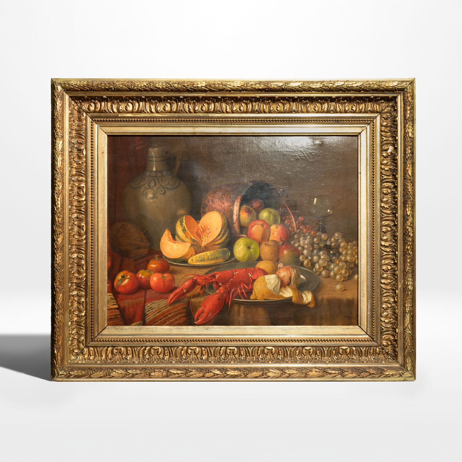 Still Life with a Lobster and Fruits Continental Europe,19th or Early 20th Century: Oil on Canvas, Signature: Partial Signature, Lower RightThis richly detailed oil on canvas is an example of a Pronk Still Life (ostentatious display of wealth) or an elaborate Banketje (banquet piece)